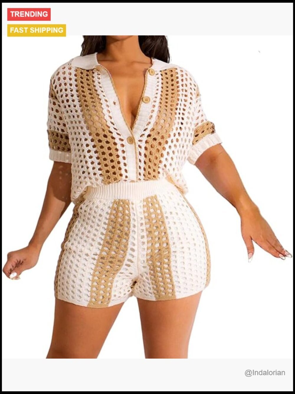 Crochet Hollow Out Shorts Set 2 Piece Outfits Beach Vacation